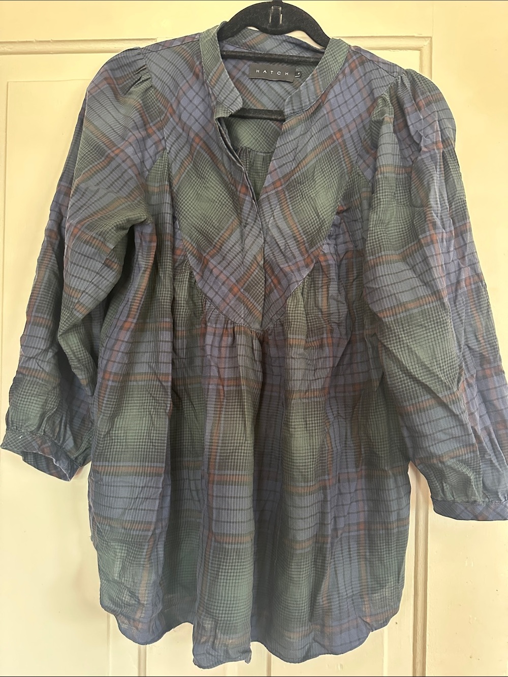 Hatch Blue & Green Plaid Peasant Top